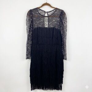 Vintage 80s Weekend New York Paris Metallic Lace Fringe Flapper Dress Size 13/14